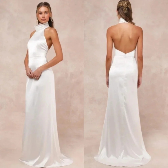 Lulus Luxe Destiny White Satin Backless Halter Mermaid Maxi Dress Wedding Bridal - Picture 1 of 11